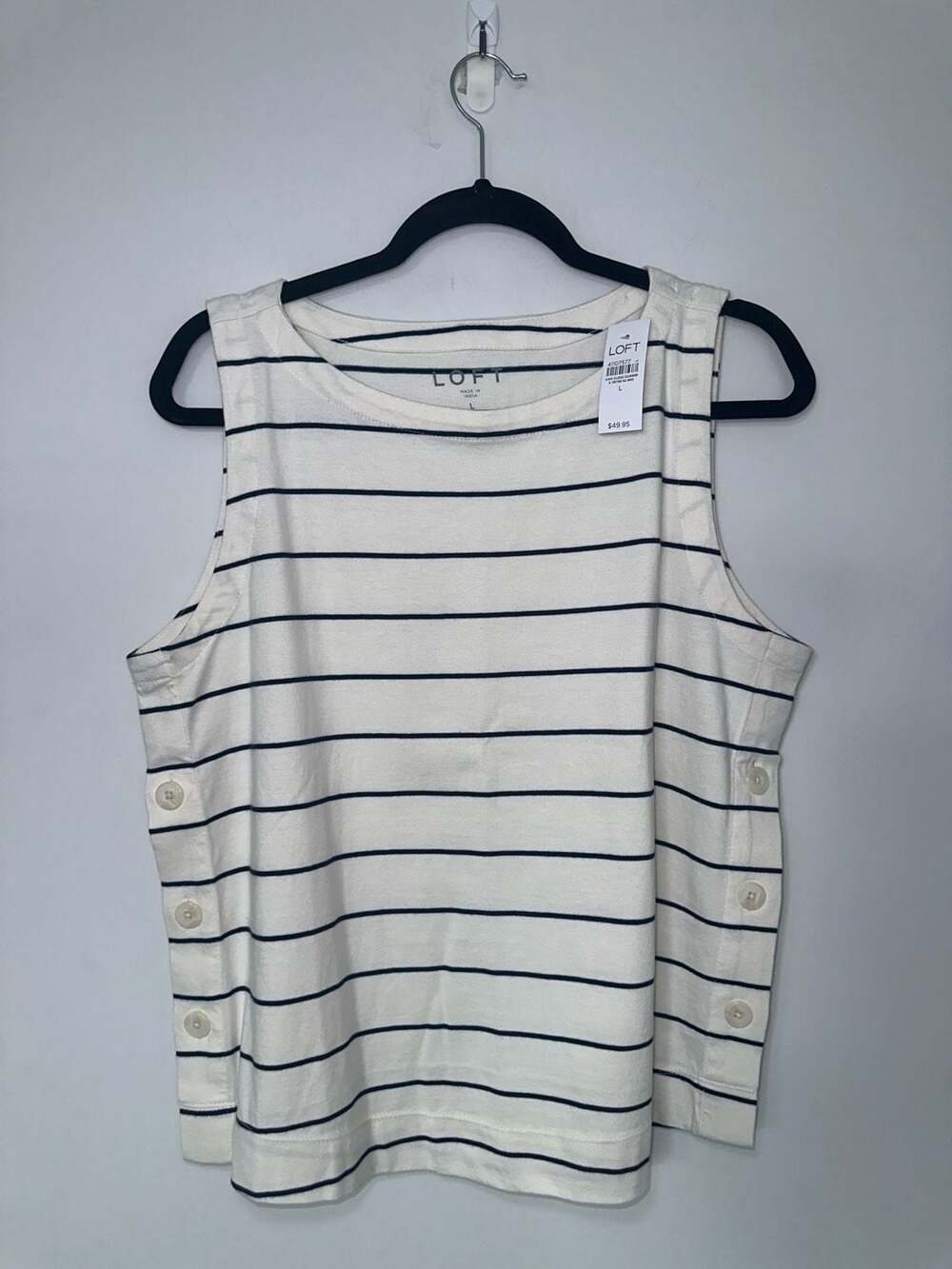 NWT 100% Cotton Loft Striped Tank Top Size L White Blue Side Button Sleeveless